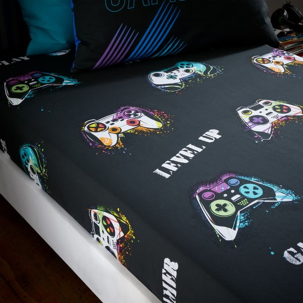 Crna dječja plahta s gumom za krevet za jednu osobu 90x190 cm Game Over – Catherine Lansfield-image-1