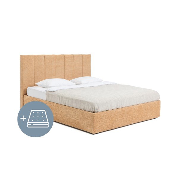 Tapecirani bračni krevet s prostorom za pohranu s madracem/letvičastim okvirom 160x200 cm u boji senfa Thessa Bold Line - Bonami Selection