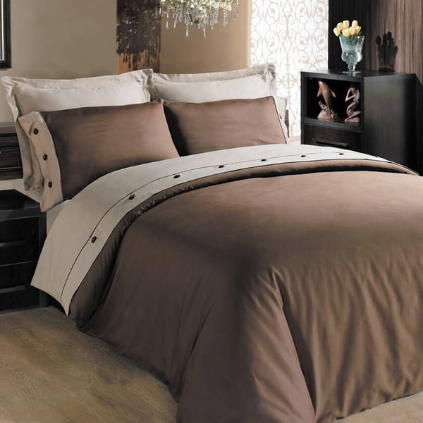 Pamučna satenska posteljina za bračni krevet s plahtama Smeđa, 200 x 220 cm
