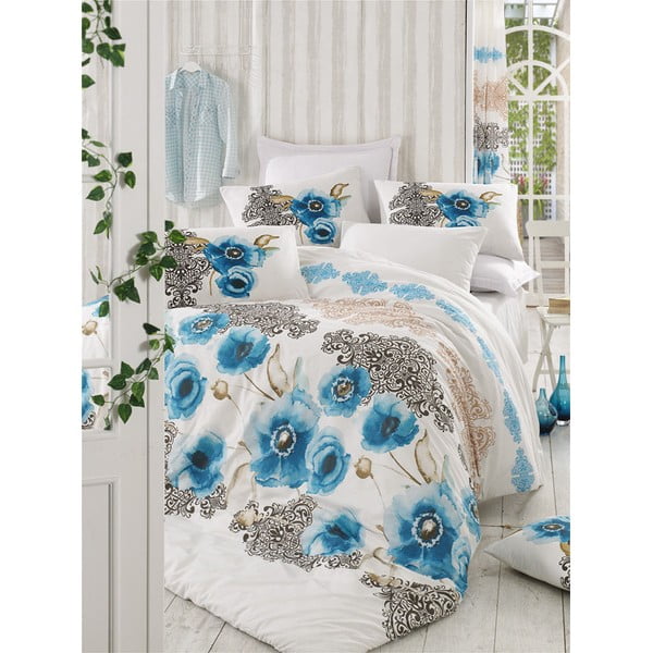 Bijelo-plava pamučna posteljina za krevet za jednu osobu 140x200 cm Merve – Mijolnir
