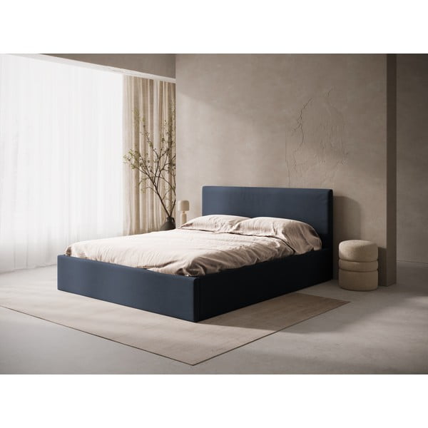 Tamno plavi tapecirani bračni krevet s prostorom za odlaganje/bez uzglavlja s podnicom 180x200 cm Susan – Micadoni -image-1