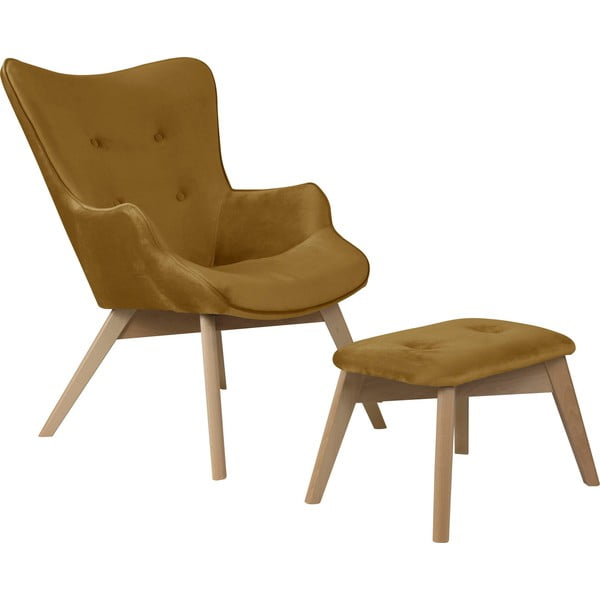 Senf žuta baršunasta fotelja s naslonjačem za noge Niko – Ropez