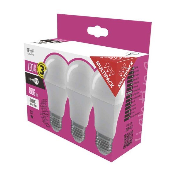Set od 3 LED žarulje EMOS Classic A60 Neutral White, 8,5W E27-image-1
