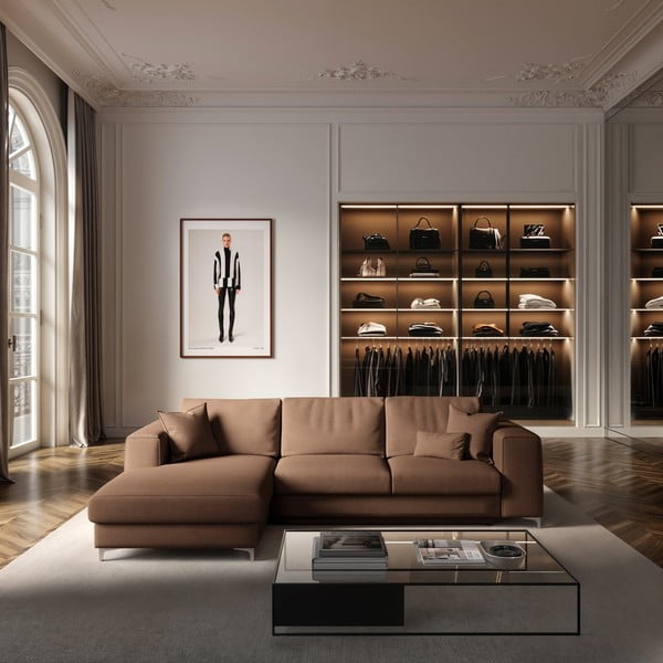 Smeđa baršunasti sklopiva/s prostorom za odlaganje kutna garnitura (s lijevim kutom/s ležaljkom) Rene – Rodier-image-1