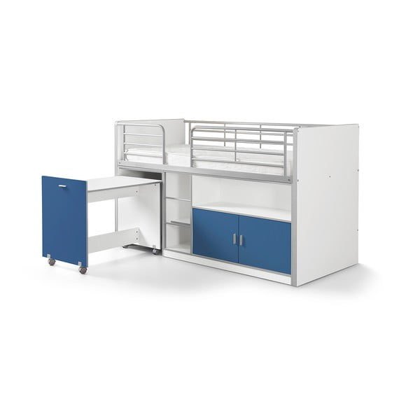 Bijelo-plavi krevet na kat sa stolom na izvlačenje i prostorom za odlaganje Vipack Bonny, 200 x 90 cm
