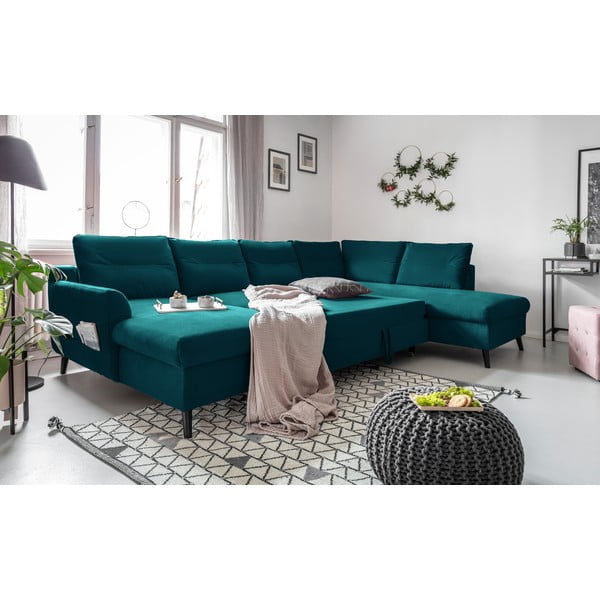 Tirkizna baršunasta kutna garnitura na razvlačenje u obliku slova "U" Miuform Sweet Harmony, desni kut-image-4