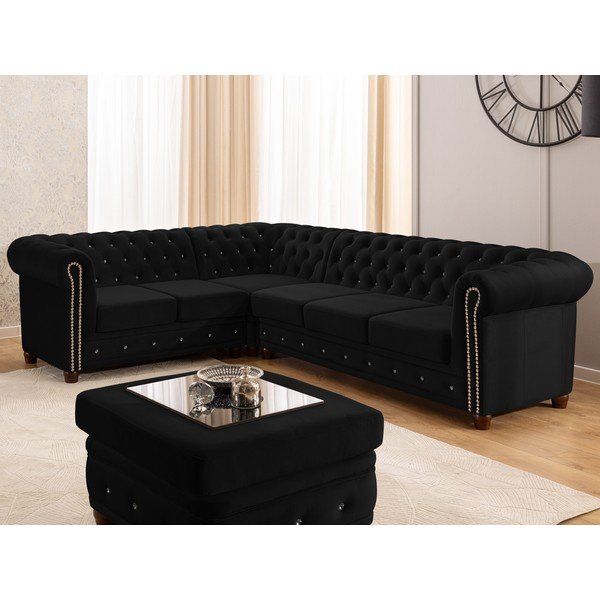 Crna baršunasti sklopiva kutna garnitura (s lijevim kutom/u obliku slova L) York Blik – Ropez-image-4