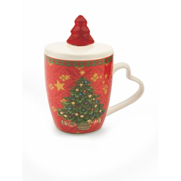 Božićna šalica s poklopcem od koštanog porculana Villa d&#39;Este XMAS Rosso