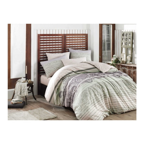 Pamučna posteljina s plahtama za bračni krevet Denisa Green, 200 x 220 cm