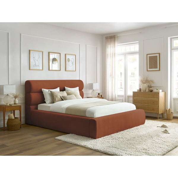 Narančasti tapecirani bračni krevet s prostorom za pohranu s podnicom 160x200 cm Jagna – Bobochic Paris-image-1