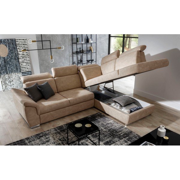 Bež baršunasti sklopiva/s prostorom za odlaganje kutna garnitura (s desnim kutom/u obliku slova L) Loreto – ELTAP-image-3