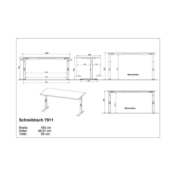 Radni stol podesive visine s pločom stola u dekoru hrasta 80x160 cm Downey – Germania-image-3