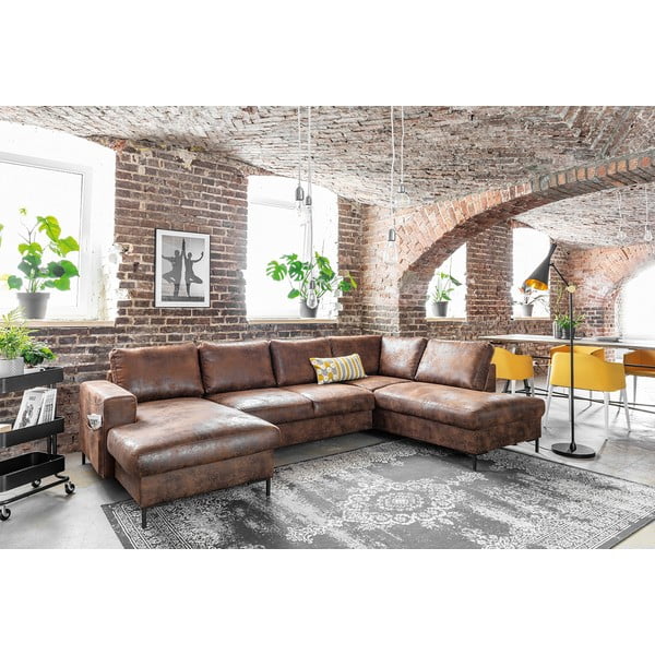 Smeđa kutna garnitura na razvlačenje u obliku slova U od imitacije kože Miuform Lofty Lilly Vintage, desni kut-image-3