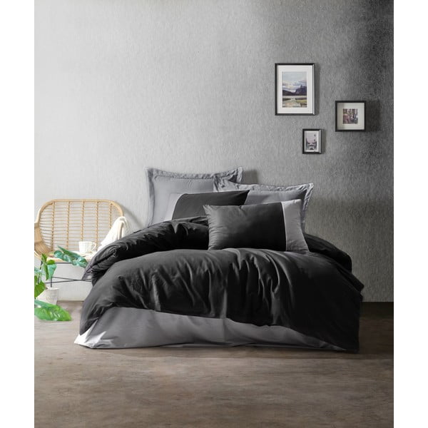 Crno-siva pamučna posteljina s plahtom Cotton Box Plain, 200 x 220 cm