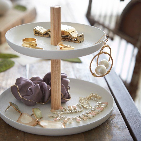 Bijeli stalak s 2 zdjele za skladištenje s detaljima od bukovine YAMAZAKI Tosca-image-1