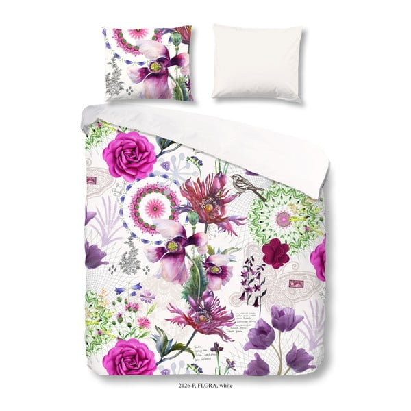 Pamučna posteljina za bračni krevet Dobro jutro Flora bijela, 200 x 200 cm