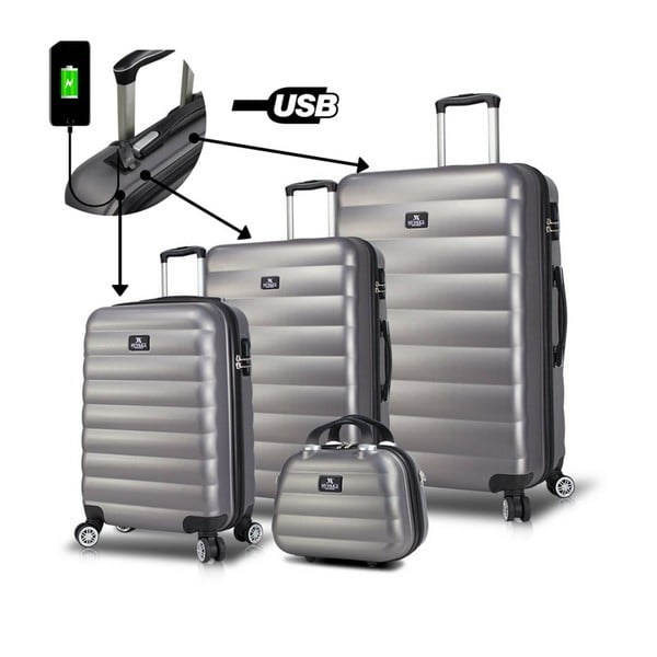 Set od 3 sive putne futrole na kotačima s USB priključcima i My Brice RESSO Travel Set