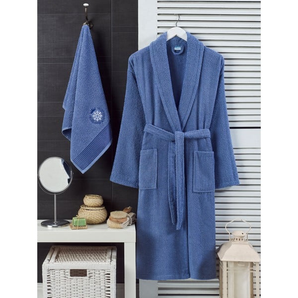 Plavi pamučan kupaonski ogrtač i ručnik u setu S/M – Mila Home