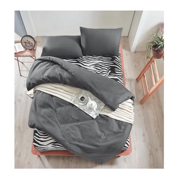 Tamno siva posteljina s plahtom za bračni krevet Permento Gris Duro, 200 x 220 cm