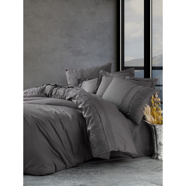 Tamnosiva pamučna posteljina s plahtom Cotton Box Enzo, 200 x 220 cm