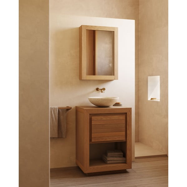 Zidni/s ogledalom kupaonski ormarić od masivne tikovine u prirodnoj boji 50x70 cm Plubia – Kave Home-image-3