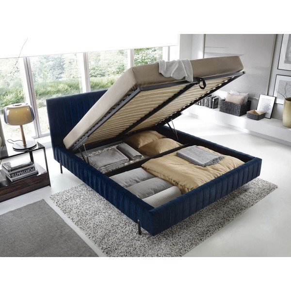 Tamno plavi tapecirani bračni krevet s prostorom za odlaganje s podnicom 180x200 cm Plissa – ELTAP-image-2