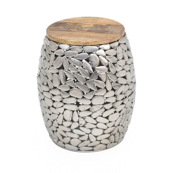 Pomoćni stolić u srebrnoj boji s drvenom pločom WOOX LIVING Pebble, ⌀ 40 cm
