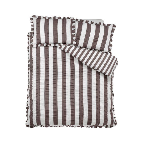 Tamno smeđa posteljina za bračni krevet 200x200 cm Seersucker Frill Stripe – Catherine Lansfield