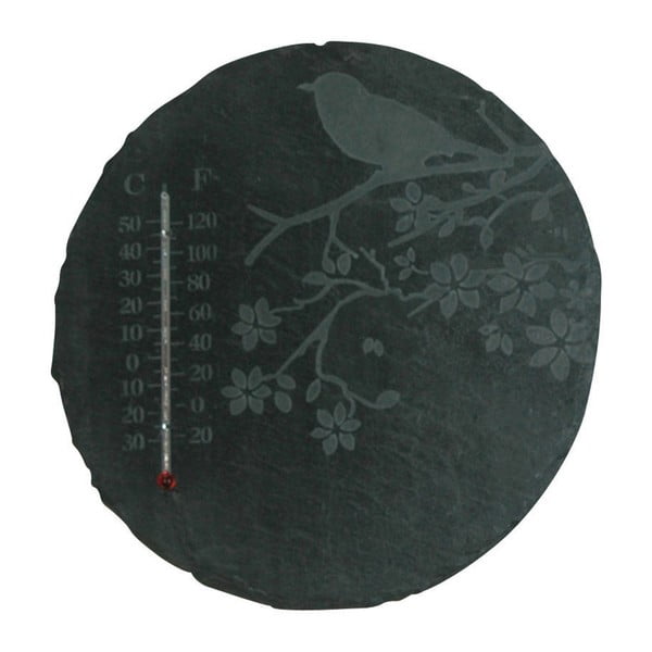Okrugli termometar od škriljevca s motivom ptice Esschert Design, ⌀ 22 cm