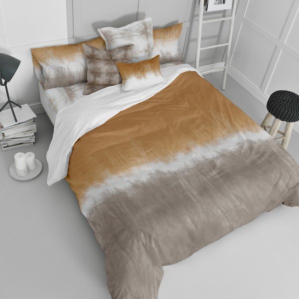 Bijela/smeđa pamučna navlaka za poplun za krevet za jednu osobu 140x200 cm Tie dye – Blanc-image-1