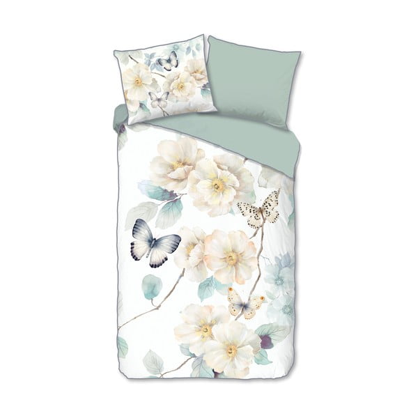 Bijela/zelena posteljina za krevet za jednu osobu/za produženi krevet od pamučnog satena 140x220 cm Adiwanya – Descanso