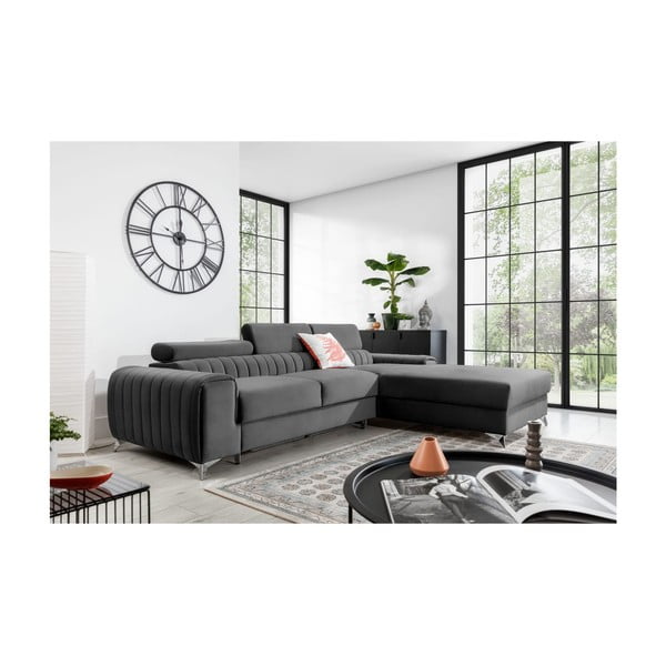 Tamno siva baršunasti sklopiva/s prostorom za odlaganje kutna garnitura (s desnim kutom/s ležaljkom) Grayson – ELTAP-image-1