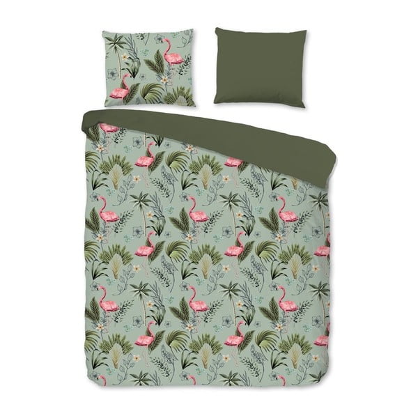 Zelena pamučna posteljina Good Morning Plameňák, 140 x 220 cm