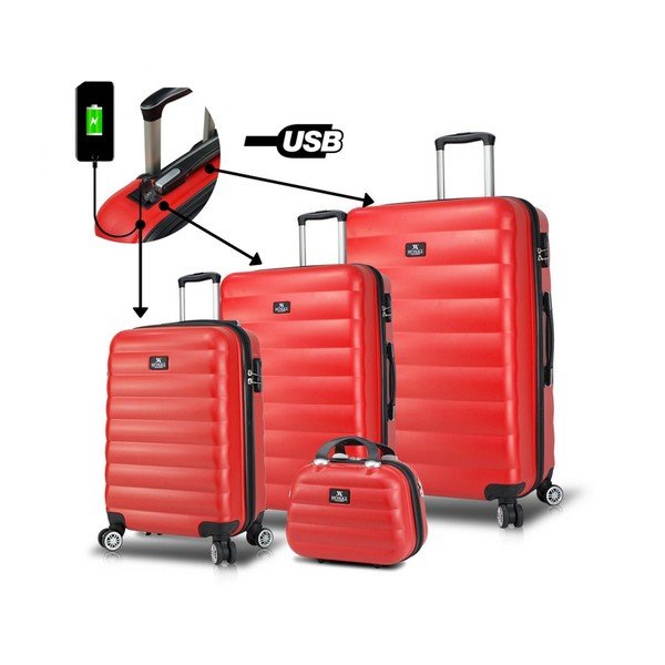 Set od 3 crvena putna kovčega na kotačima s USB priključcima i My Brice RESSO Travel Set-image-1
