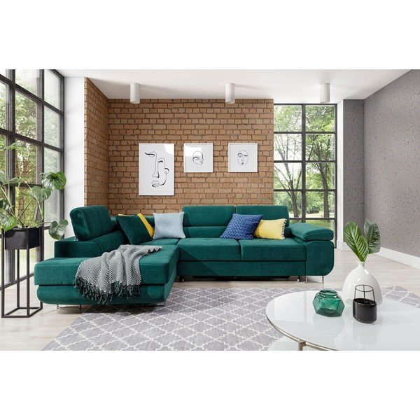 Zelena baršunasti sklopiva/s prostorom za odlaganje kutna garnitura (s lijevim kutom/u obliku slova L) Anton – ELTAP-image-1