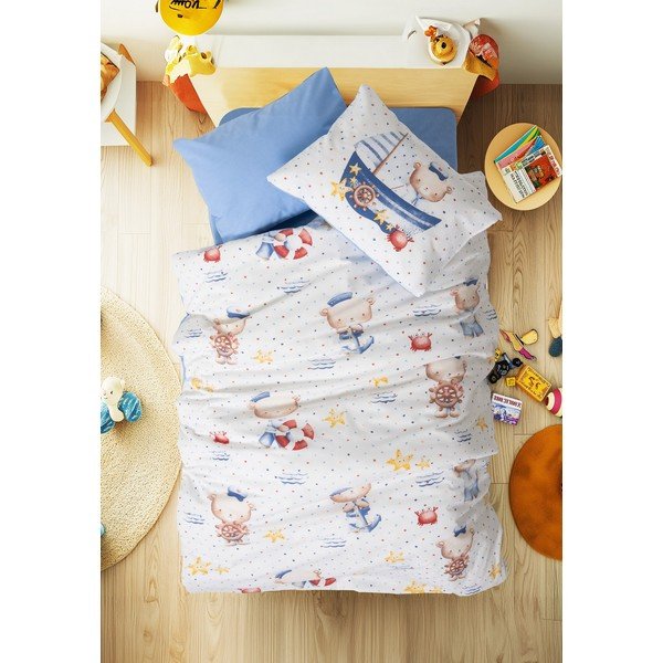 Bijela/plava dječja posteljina za dječji krevetić od renforce pamuka s uključenom plahtom/4-dijelna 100x150 cm Seaman – Mijolnir-image-1