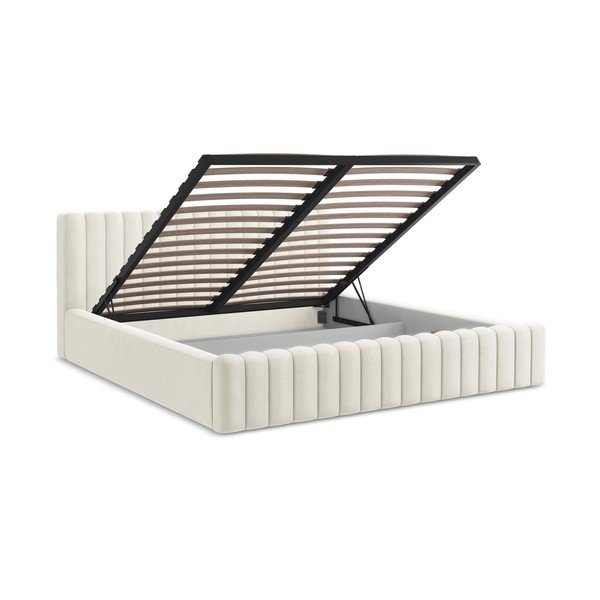 Krem tapecirani bračni krevet s prostorom za odlaganje s podnicom 160x200 cm Lemi – Makamii-image-3