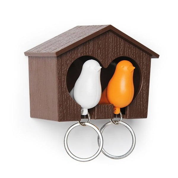 Smeđa vješalica za ključeve s bijelim i narančastim Qualy privjeskom za ključeve Duo Sparrow