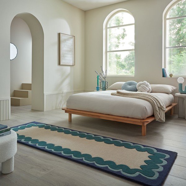 Ručno rađena vunena staza u prirodnoj boji/plavozelena 80x230 cm Wiggle Wool – Flair Rugs-image-1