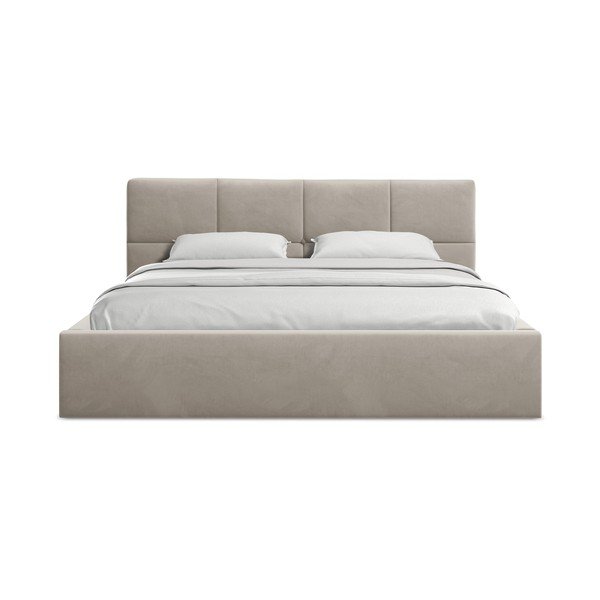 Smeđe-sivi baršunasti tapecirani bračni krevet s prostorom za odlaganje s podnicom 140x200 cm Hiko – Makamii-image-3