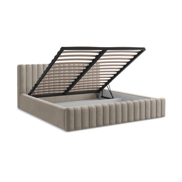 Smeđe-sivi tapecirani bračni krevet s prostorom za odlaganje s podnicom 160x200 cm Lemi – Makamii-image-3