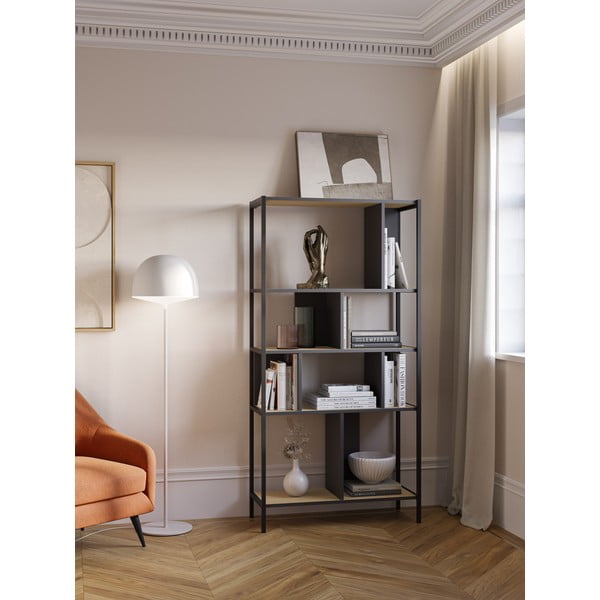 Crna/u prirodnoj boji biblioteka u dekoru hrasta 88x175 cm Alabama – Marckeric-image-1