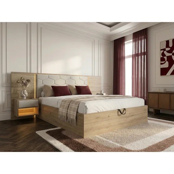 Bež tapecirani/od iverice bračni krevet s prostorom za odlaganje s podnicom 180x200 cm Palmeraie – Bobochic Paris-image-1