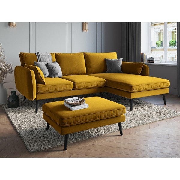 Žuta baršunasta kutna garnitura s crnim nogama Kooko Home Lento, desni kut-image-1