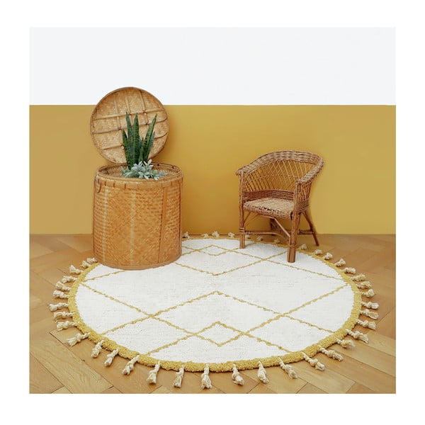 Bijelo-žuti pamučni ručno izrađeni tepih Nattiot Come, ø 120 cm-image-2