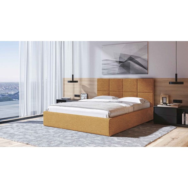 Oker žuti tapecirani bračni krevet s prostorom za pohranu s podnicom 180x200 cm Bufo – MESONICA-image-1