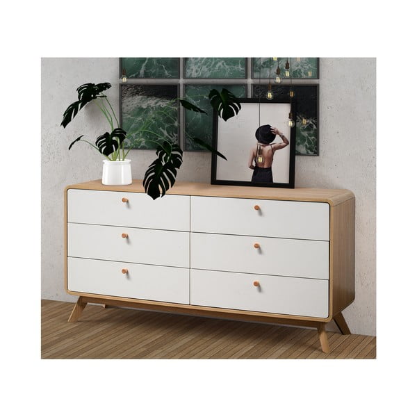 Bijela/u prirodnoj boji niska komoda u dekoru hrasta 150x74 cm Caitlin – Støraa-image-3