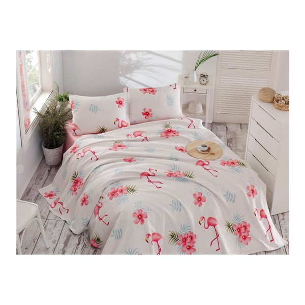 Set pamučnog prekrivača, plahte i 2 jastučnice Flamenco Cream, 200 x 235 cm