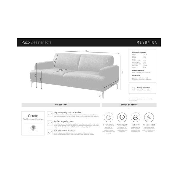 Konjak smeđa kožna garnitura MESONICA Puzo, 170 cm-image-4