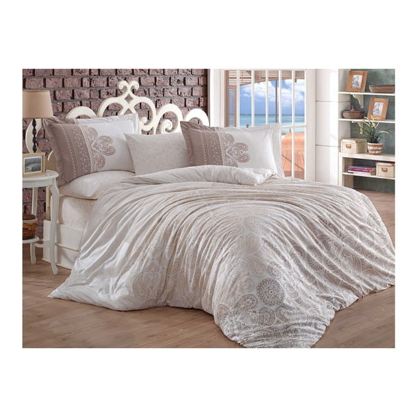 Pamučna posteljina s plahtom za bračni krevet Irene, 200 x 220 cm